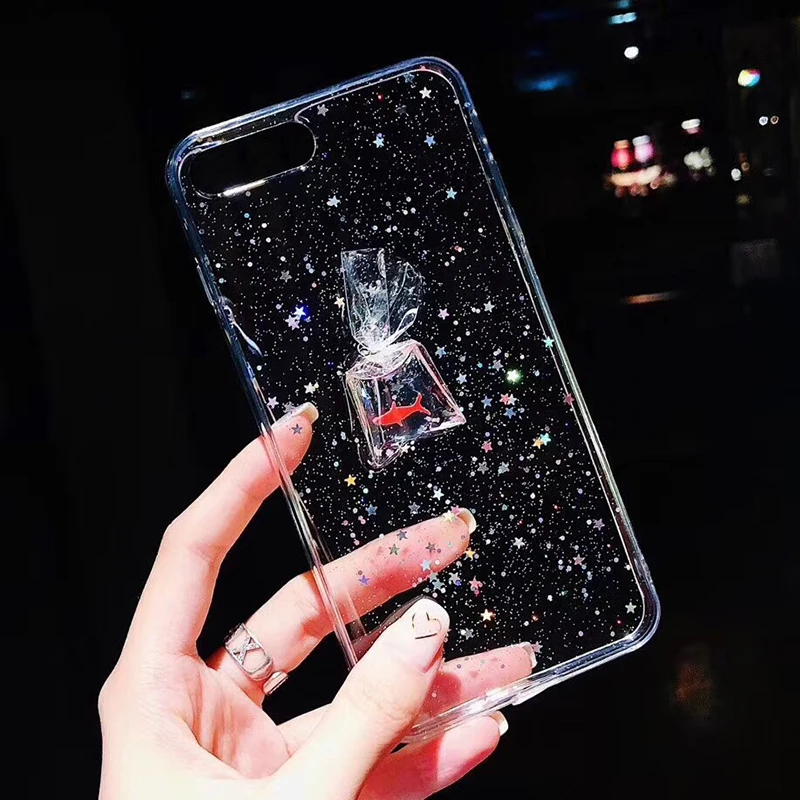 Cute goldfish Transparent Phone Case For iPhone 6 6S Clear TPU Silicone Back Cover For iPhone 7 7 plus 8 6 S X Star Star Glitter Capa (2)