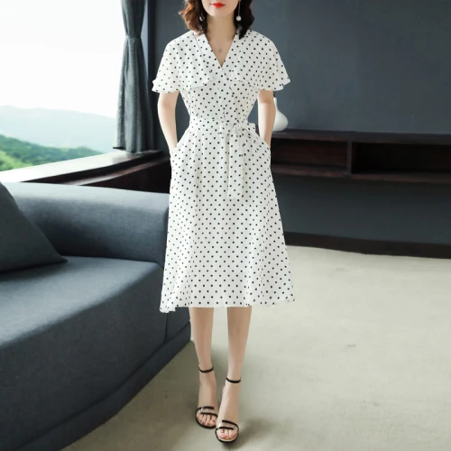 

Dot Dress Women 2019 Korean V-neck Elegant White Chiffon Drawstring Korean Women's Dresses Holiday Clothes Cloth Midi Dress