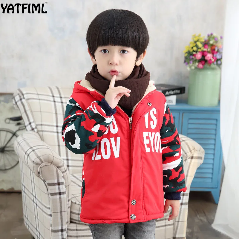 

YATFIML 2017 Children's winter jackets boys padding jackets camouflage long jackets with hood thick wool inside