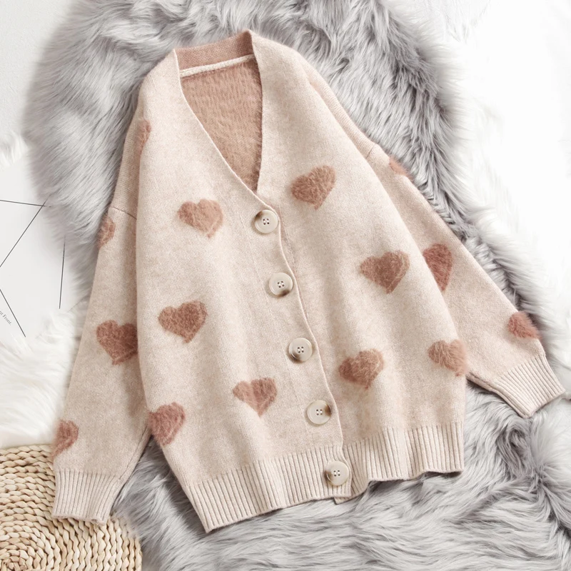 Hirsionsan Cashmere Sweater Women Autumn Winter Knitted Cardigans Kawaii Heart Loose Clothes Oversized Soft Warm Pull Femme