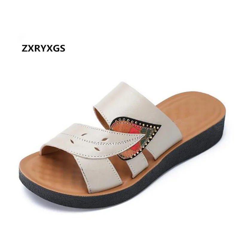 

2019 New Summer Spell Colors Cowhide Leather Sandals Women's Slippers Fashion Casual Sandals Soft Comfort Non-slip Flat Slippers