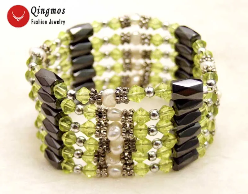 

Qingmos Trendy 4-5mm Natural 36'' White Baroque Pearl Necklace Bracelet for Women and Green Crystal & Black Hematite bra364