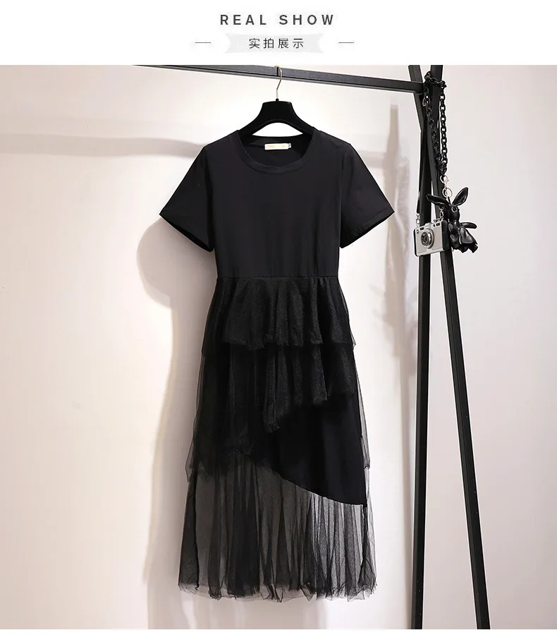 Женское платье большого размера, черное платье свободного кроя с круглым воротником и коротким рукавом размера плюс, женские вечерние платья
