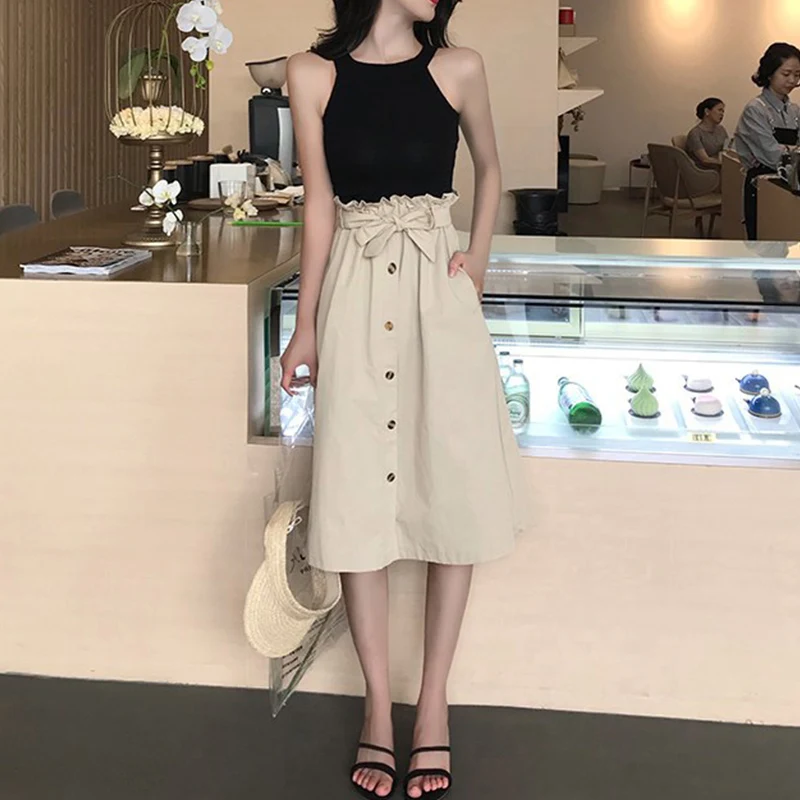 Surmiitro Summer Skirts Womens 2018 New Midi Knee Length Korean Elegant Button High Waist Skirt Female Pleated Sun School Skirt Skirts