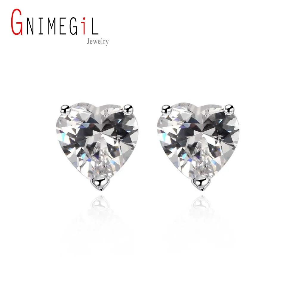 GNIMEGIL Brand Jewelry Women's Clear Cubic Heart Stud Earrings Silver Shape with 9MM White | Украшения и аксессуары