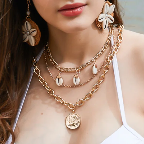 

Fashion 2019 Calssic Ladies Shell Necklace Multi-layer Coin Necklace Women Vacation Jewelry Gold Color