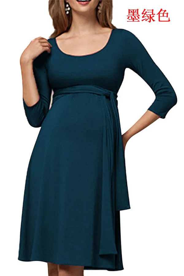 Модное платье для беременных женщин с длинным поясом и круглым вырезом, одежда для кормящих матерей и кормящих женщин