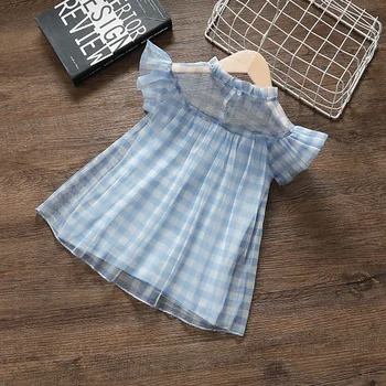 

Girl's O-neck Short Sleeve Casual Brife Style Blue and White Plaids Design Summer Dresses A-line Little Girl's Dresses