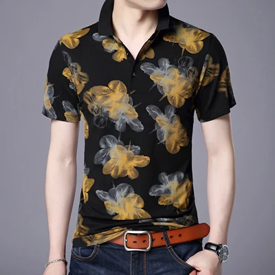 MIACAWOR, новинка, мужские рубашки, модный принт, Camiseta Hombre, летняя футболка с коротким рукавом, Homme Camisa, мужские футболки поло, T730 - Цвет: Черный