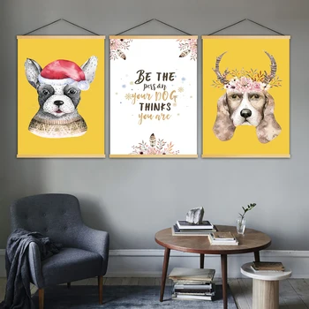 

Canvas Wall Art Modern Print Pet Dog Painting Letters Solid Wood Hanging Scrolls Poster Nordic Style Cartoon For Home Decoration