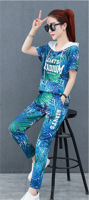Бирюзовый Two Piece Floral Printed Outfits Set Plus Size for Women Tracksuits Hooded Top and Pants Womens Suits Summer - Цвет: Бирюзовый