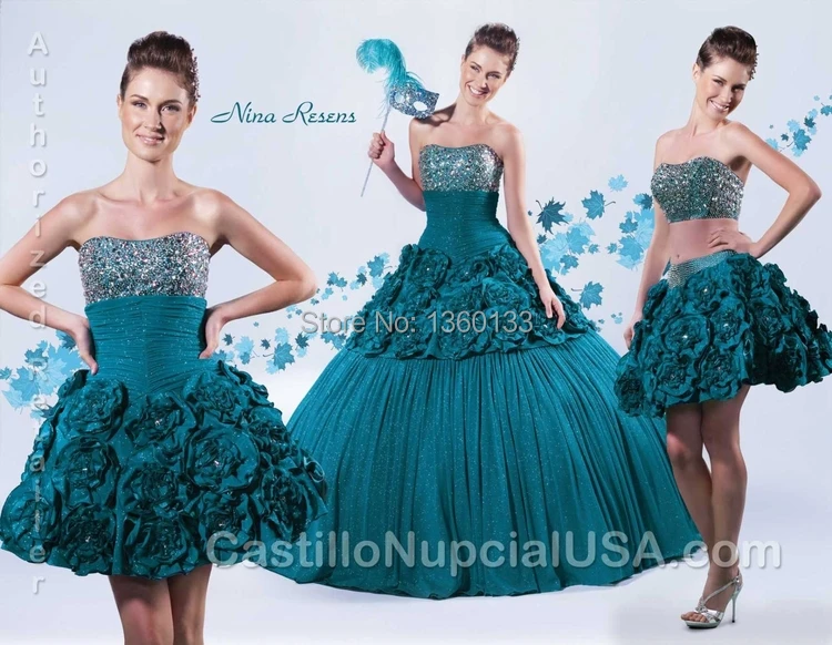2014 Sweet Dark Green Detachable Skirts Ball Gown Dress For 15 Years