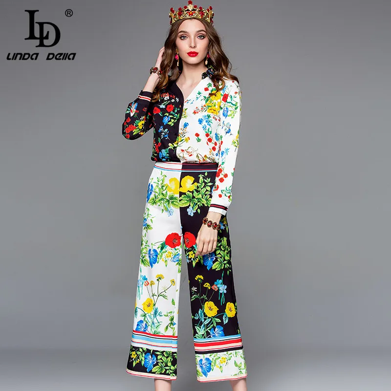 

LD LINDA DELLA Fashion Designer 2 Pants Two Piece Set Women's Elegant Vintage Floral Print Blouses and Pants Sets Lady Suit