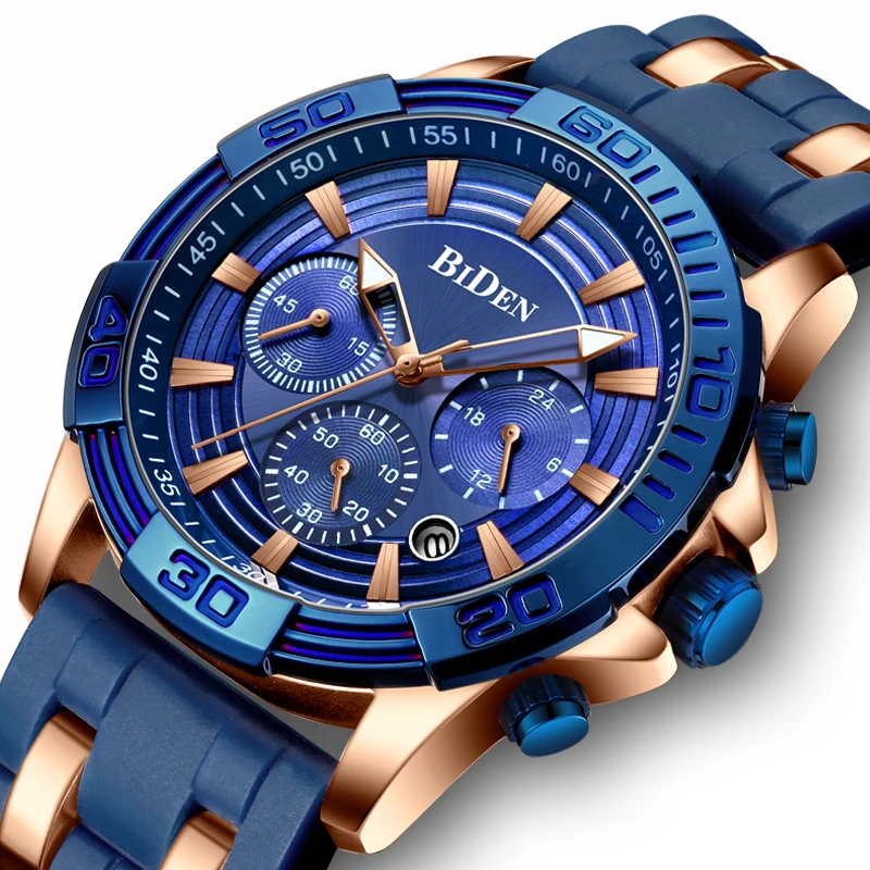 

BIDEN Men's Sports Chronograph Quartz Wrist Watches Army Silicone Waterproof Stopwatch Relojios Masculinos Man Clock 2019