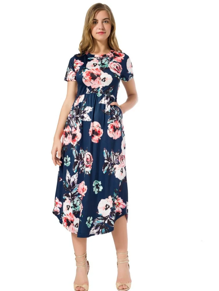 Bohemia Women Pleated Mid Calf Dress 2018 Summer Female Short Sleeve