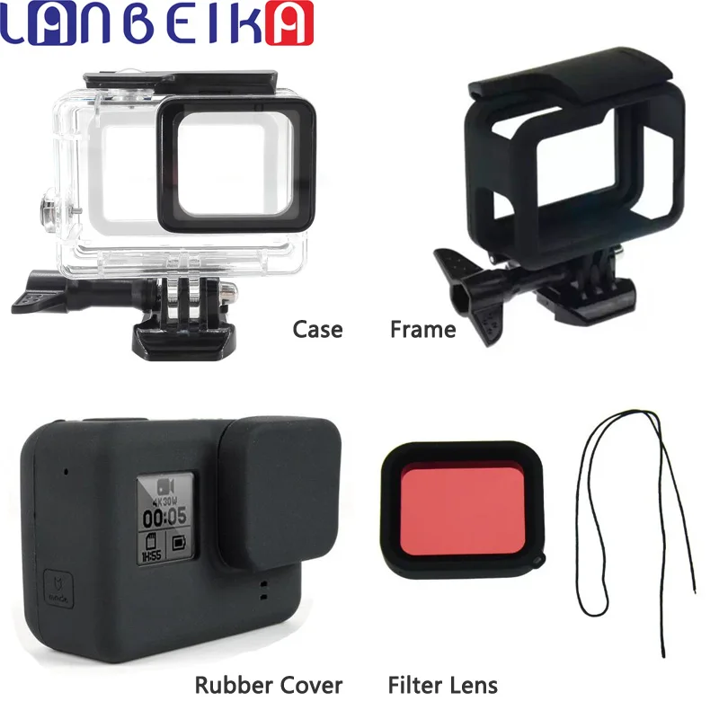 

LANBEIKA 45M Waterproof Case + Diving Housing Filter Lens + Protect Frame + Silicone Rubber Cover For Gopro Hero 6 5 Hero6 Hero5