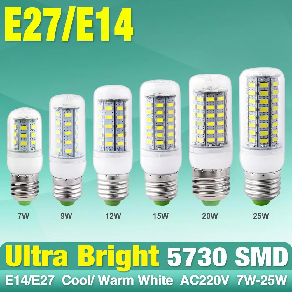 

WARM COOL WHITE AC220V 7W 9W 12W 15W 20W 25W E27 E14 24 36 48 56 69 72LEDS 5730 SMD LED LAMP CORN BULB FOR SHOPS LIGHTING