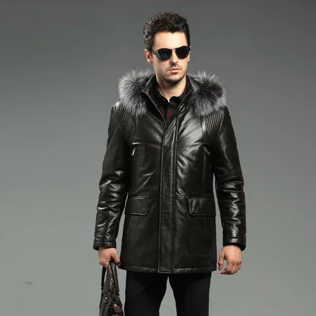 Men's Genuine Leather Goose Down Jacket Real Sliver Fox Fur Hood