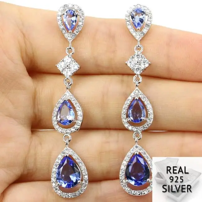 

Real 6.2g 925 Solid Sterling Silver Long Rich Blue Violet Tanzanite CZ SheCrown Stud Earrin 55x10mm