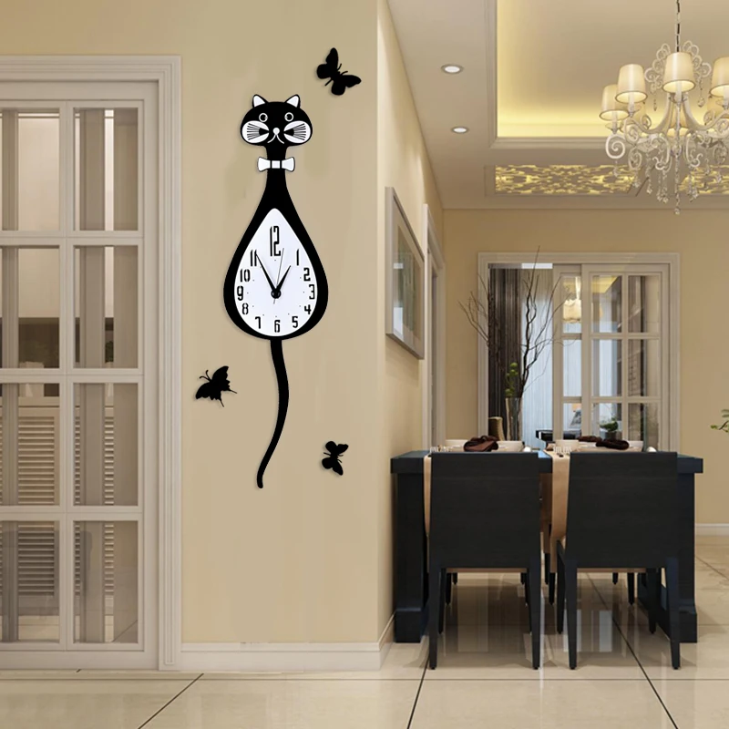 

MEISD Creative Lovely Animal Cartoon Cat Swingable Wall Clock Modern Design Hanging Watch Black Clocks Living Room Free Shipping