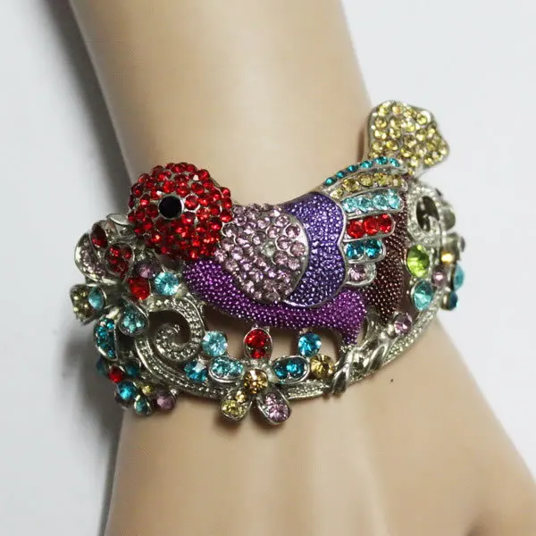 

silver plated enamel exposy Colorful rhinestone zinc alloy metal bird bracelet crystal jewelry animal bangle