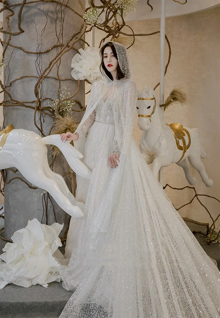 Bling Shining New Long Bridal Cloak Cape Tulle with Glitters Wedding Bridal Jacket with Train Ivory/off white