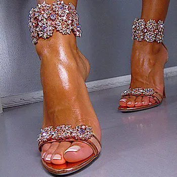 

Big Size 12 Shinny Crystal Embellised High Heels Sandals Ankle Wrap Open Toe Multicolor Rhinestone Party Dress Lady Pumps