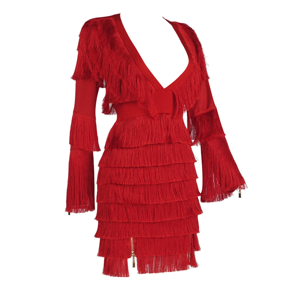 v feminino, Vermelho, Branco, Fringe Bodycon, Magro,