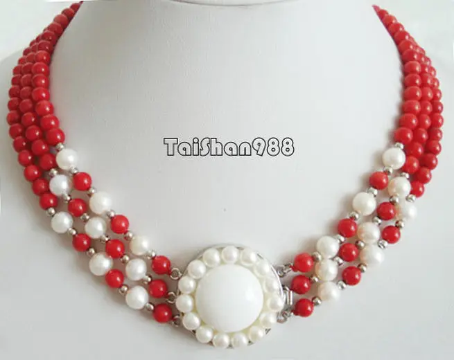 

Hot sale 3 Rows Genuine Red Coral White Pearl Sun Flower Pendant 18KWGP Clasp Necklace