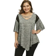 Плюс Размер Туника Расклешенная Рукава Асимметричная Футболка Женская Летняя Повседневная V-образным Вырезом Половина Рукава Кружева Панель Женские Топы Футболка