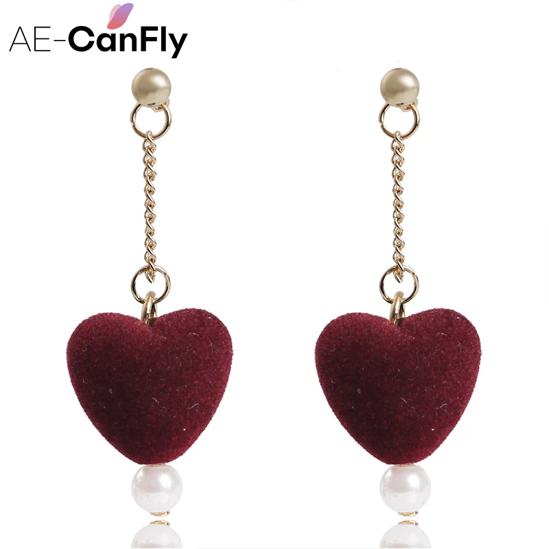 

AE-CANFLY Sweet Velvet Red Heart Dangle Drop Earring Long Chain Pearl pendientes Nice New Year Gift Cheap Black Friday Deals