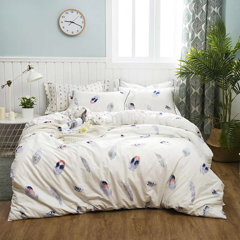 

2018 Feather Printing Bedding Set 100% Cotton Duvet Cover Flat Sheet Pillowcase Comforter Bed Set Twin Full Queen King Size