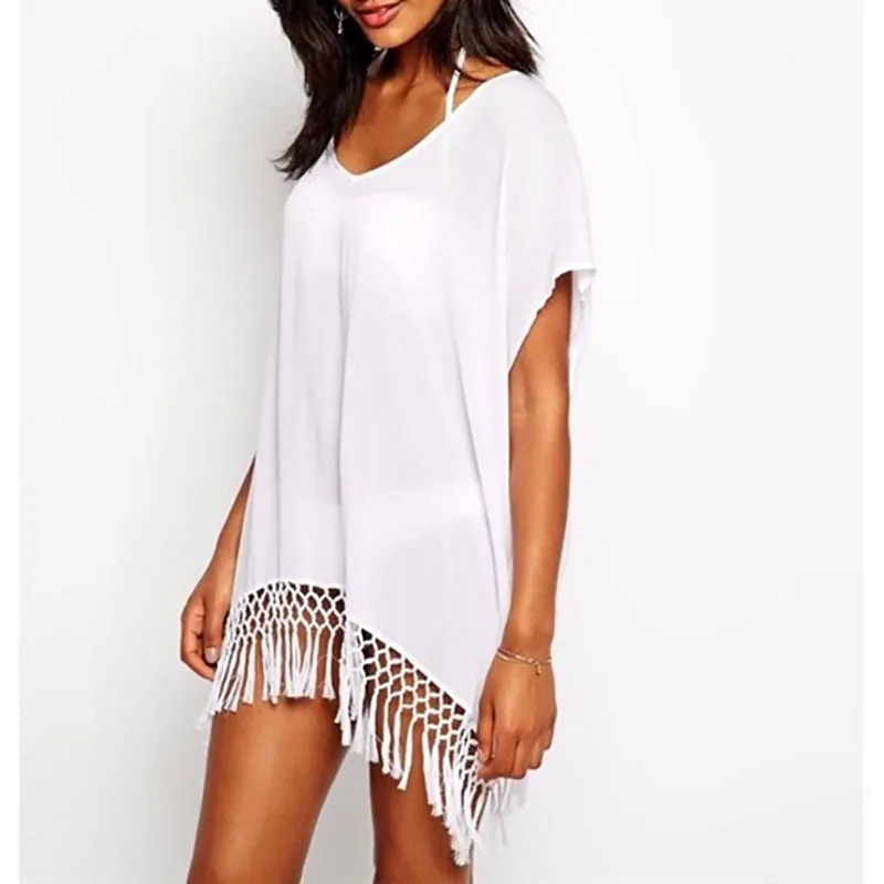 

2018 White Chiffon MIni Dresses With Tassels Pareo Beach Tunic Sarong Casual Short Sleeve V-neck Summer Holiday Dress