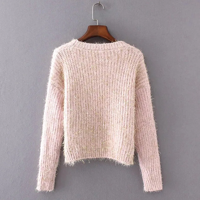 Women's Beading Pearl Fluffy Sweater Crop Top O neck Knitted Slim Pullover 2018 Autumn Winter Warm Fashion Casual Woman Sweaters