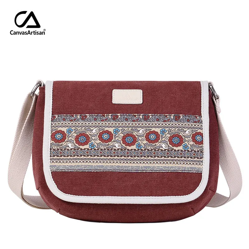 Canvasartisan new women shoulder bag floral casual messenger bag vintage cotton canvas bags female small travel crossbody bag - Цвет: WINE RED