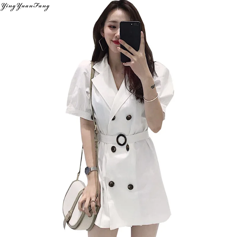 

YingYuanFang Fashion new casual suit collar double-breasted belt short-sleeved dress