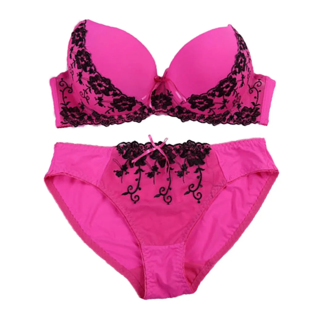 Hot Pink Женский сексуальный кружевной комплект с бюстгальтером размера плюс 95D с принтом и бантиком, женское нижнее белье на косточках с регулируемыми бретельками, комплект из бюстгальтера и трусиков - Цвет: Hot Pink