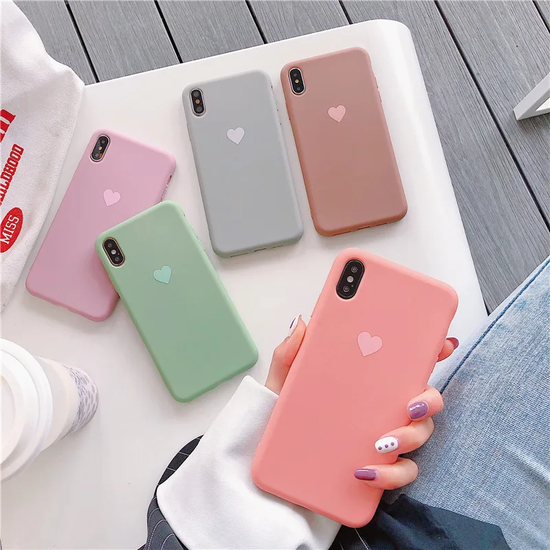 Цветной чехол для iPhone X xs max xr 6 6s 7 8 Мягкий силиконовый чехол из ТПУ для пары конфет розовый матовый сердечко для iPhone 7 8 Plus se 5s 5