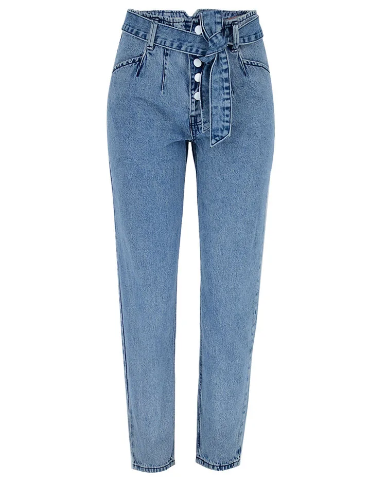 Женские джинсы с высокой талией, бумажная сумка, джинсы с поясом, женские брюки