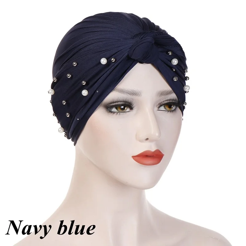 Женская мода индийский мусульманский хиджаб исламский Джерси бисер Кепка эластичная плиссированная тюрбан шляпа узел голова обертывание Эластичные аксессуары для волос - Цвет: navy blue