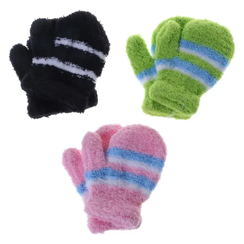 

1 Pair Kids Gloves Infant Children Warm Winter Full Finger Mitten Colorful Stripe Thick Soft Coral Fleece Boys Girls