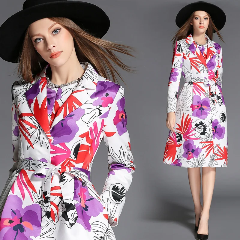 Luxury 2015 New Women 2015 London Fashion Designer Brand European Trench Coat Flower Print 