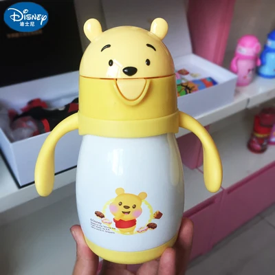 Disney Baby термос из нержавеющей стали, чашка для кормления, обучающая Питьевая чашка с соломинкой, термобутылка, вакуумная колба - Цвет: yellow Winnie