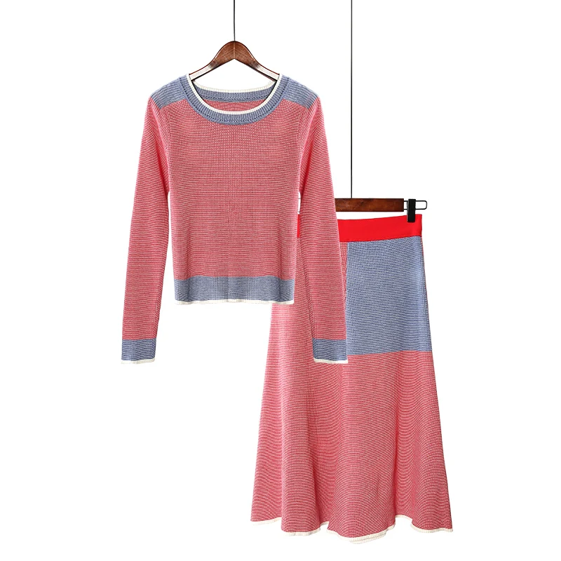 Женский осенне-зимний вязаный свитер, костюм из двух предметов, Толстый Пуловер+ длинная юбка с эластичной резинкой на талии, комплекты для рождественской вечеринки, шикарный розовый комплект