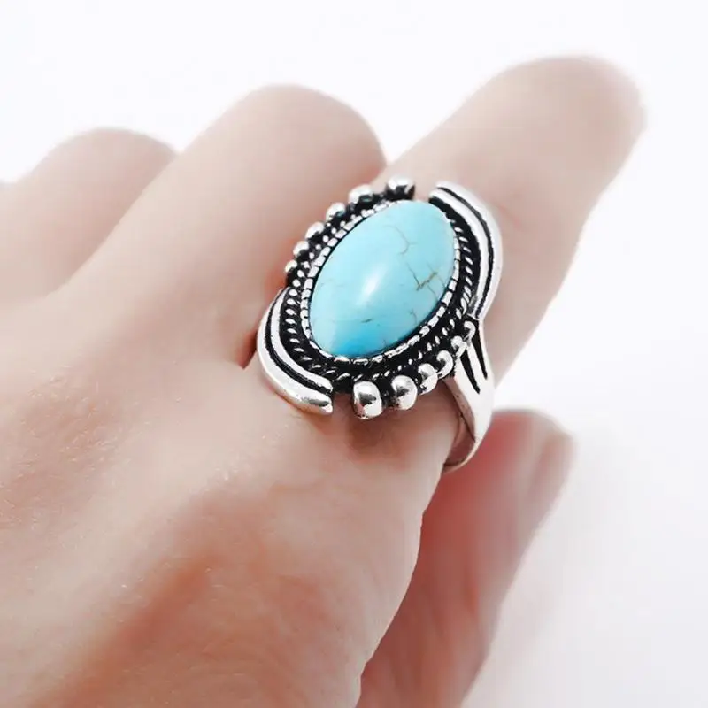 

Boho Vintage Punk Silver Ring Oval Blue Geometry Rings For Women Ring Jewelry Anillos Gifts