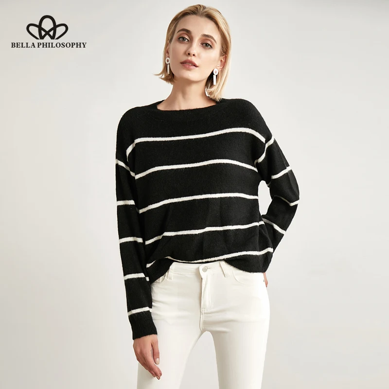 Wonder 2018 new Autumn Winter Women Sweater Black and White Striped  Casual Hood long-sleeved Sweater Pullovers tops