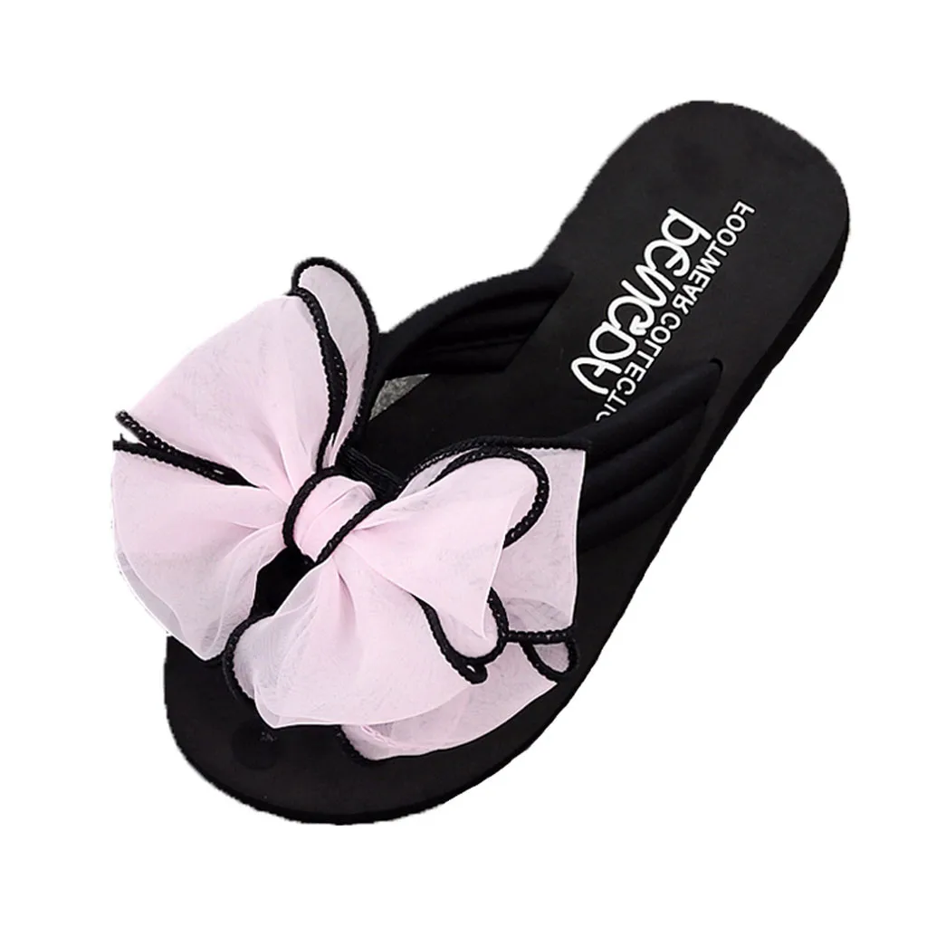 SAGACE/летние модные Нескользящие женские шлепанцы на рифленой подошве с бантом; Вьетнамки; пляжная обувь на платформе для ванной - Цвет: Розовый