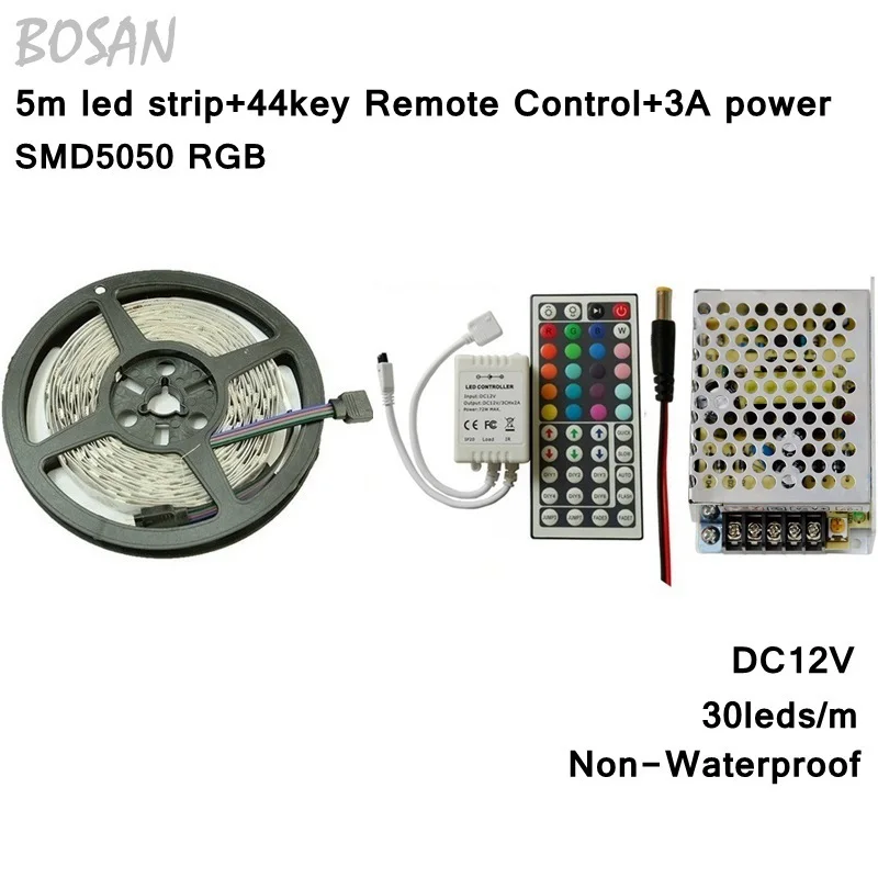 

5050 RGB led strip 5M 30leds/m SMD flexible Strip Lighting +44key ir remote controller +DC12V 3A Power Adapter