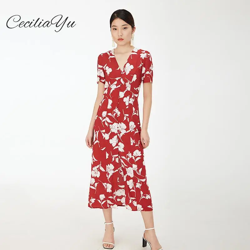 

2019 New Arrival Merry Cecilia Bohemian Loose Print Short Button Mid-calf Regular Natural V-neck Summer Dresses For Women