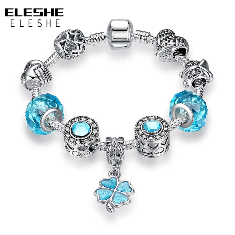 ELESHE Christmas Gift Blue Murano Glass Beads Crystal Clover Charm Bracelet Fit European Bracelet for Women Friendship Jewelry